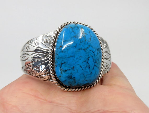 Vintage Sterling Silver Stamped Navajo Turquoise Bangle Bracelet Cuff 44.1 grams