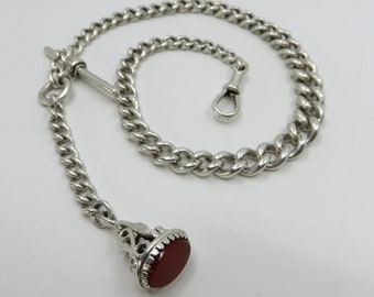 Vintage Solid Sterling Silver Albert Pocket Watch Chain Carnelian Fob Necklace 45.8 grams Birmingham Hallmarks 1900 Henry Williamson Ltd