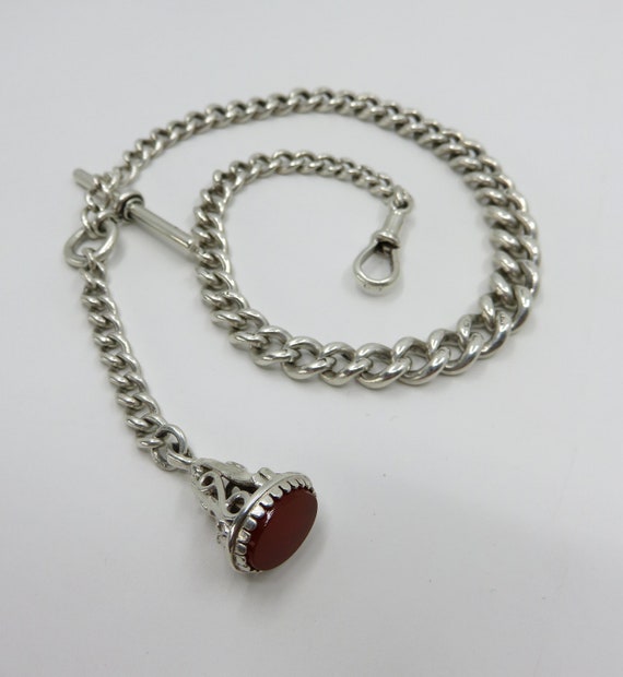 Vintage Solid Sterling Silver Albert Pocket Watch Chain Carnelian Fob Necklace 45.8 grams Birmingham Hallmarks 1900 Henry Williamson Ltd