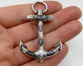 Vintage Antique 1858 Victorian Sterling Silver Anchor Brooch Pendant Smoky Grey Agate Fouled Anchor
