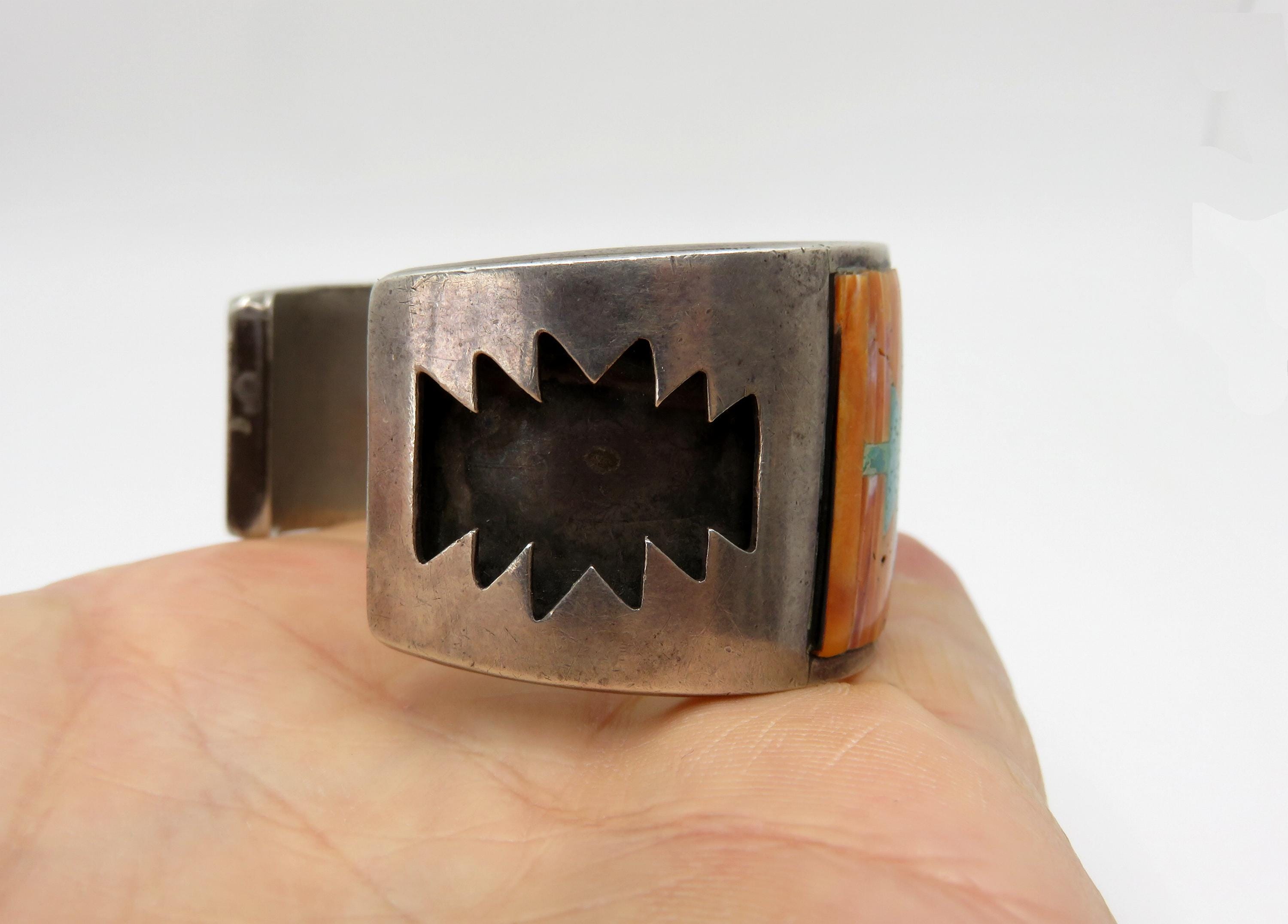Vintage Huge Sterling Silver Navajo Inlaid Turquoise Spiny Vintage Huge Sterling Silver Navajo Inlaid Turquoise Spiny