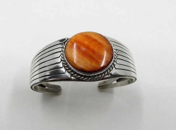 Vintage Sterling Silver Navajo Orange Spiny Oyster Bangle Cuff by the artisan James Taylor 31.2 grams