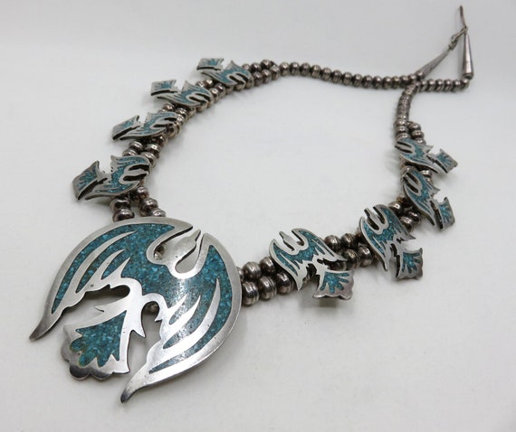 Vintage Sterling Silver Crushed Turquoise Peyote Bird Thunderbird Squash Necklace Old Pawn Navajo 26" Length 140 grams