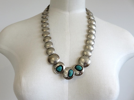 Vintage Sterling Silver Stamped Navajo Bead Necklace Set with Sleeping Beauty Turquoise Graduated 24" length 77.5 grams Old Pawn