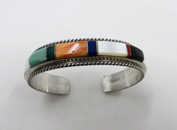 Vintage Sterling Silver Navajo Turquoise Coral Spiny Oyster Onyx Mother Of Pearl  Lapis Lazuli Bangle Cuff signed by the artisan 25.7 grams