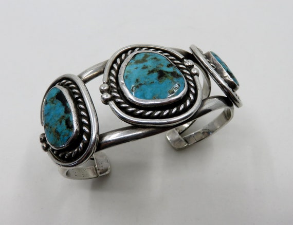 Vintage Sterling Silver Navajo Multi Turquoise Bangle Cuff 62.7 grams Old Pawn