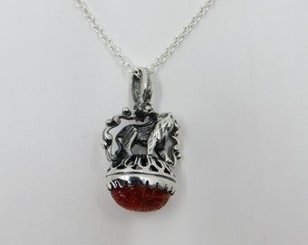 Solid Sterling Silver Victorian Style Lion Sponge Coral Pendant Albert Fob Necklace Chain