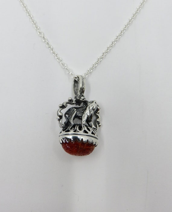 Solid Sterling Silver Victorian Style Lion Sponge Coral Pendant Albert Fob Necklace Chain
