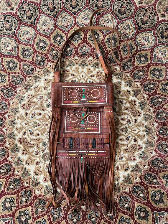 Vintage Handmade Moroccan Berber Turaeg Tribal Leather Bohemian Fringe Messenger Crossbody Bag