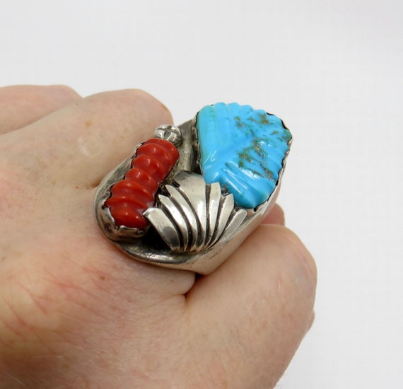 Vintage Huge Sterling Silver Navajo Zuni Carved Leaf Turquoise & Coral Ring size Y (USA 12.5) signed by the artisan Loyalito Tsatte 41.6