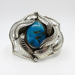 Vintage Sterling Silver Navajo Kingman Turquoise Stamped Overlay Feather Bracelet Cuff Bangle 50.5 grams