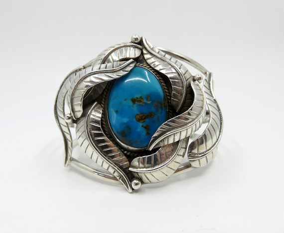 Vintage Sterling Silver Navajo Kingman Turquoise Stamped Overlay Feather Bracelet Cuff Bangle 50.5 grams