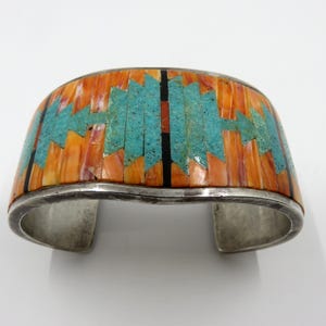 Vintage Huge Sterling Silver Navajo Inlaid Turquoise Spiny Oyster Bangle Cuff Bracelet 106 grams by the artisan L Silversmith Old Pawn
