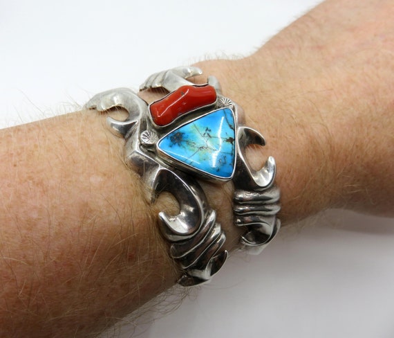 Unique Vintage Navajo Side Inlay Turquoise Sterling Silver Native American Ring Unique Vintage Navajo Side Inlay Turquoise Sterling Silver Native American Ring
