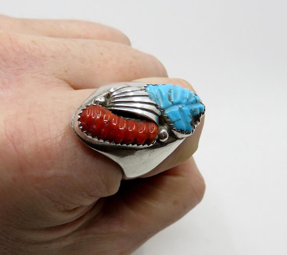 Vintage Huge Sterling Silver Navajo Zuni Carved Leaf Turquoise & Coral Ring size Z+3 (USA 14) signed by the artisan