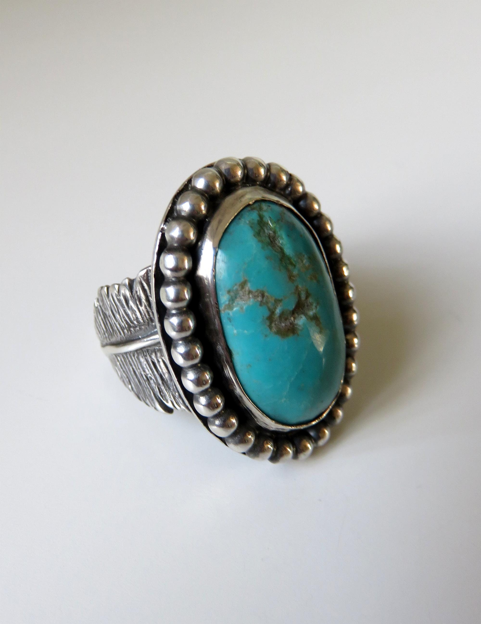 Sterling Silver and Turquoise Stone Navajo Inspired Ring Feathers Flower