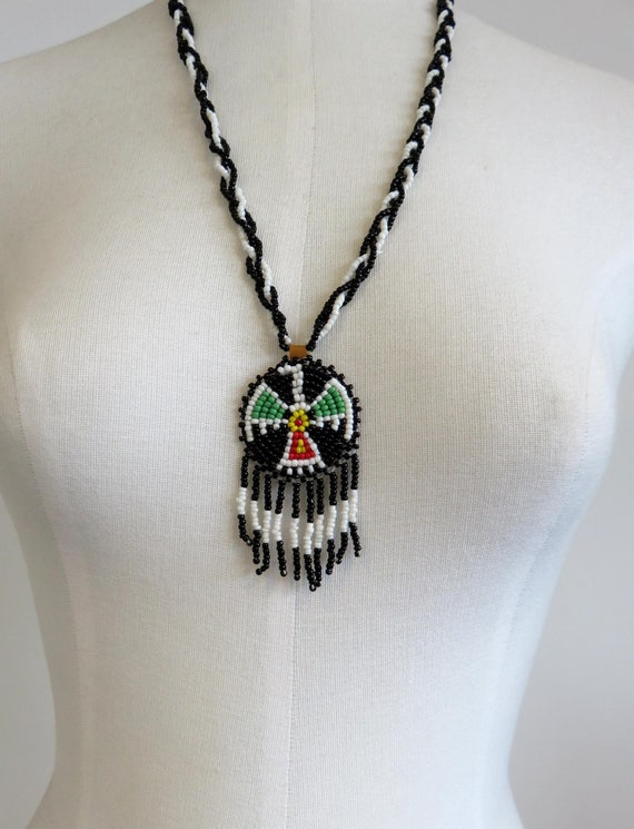 Vintage Navajo Wedding Basket Thunderbird Design Beads Necklace Pendant 24" length