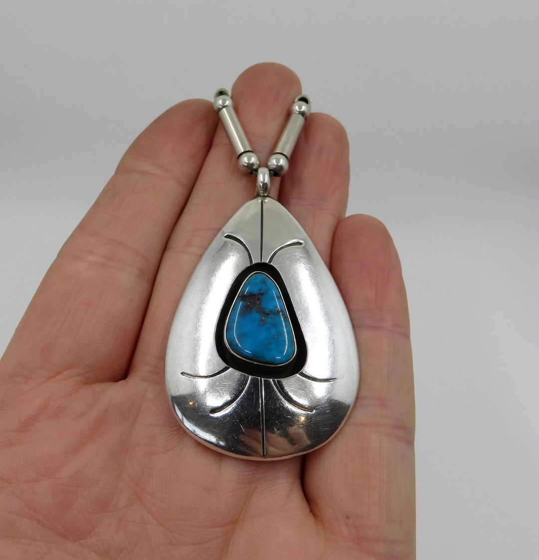 Vintage Navajo Sterling Silver Turquoise Shadowbox Pendant Necklace - Etsy