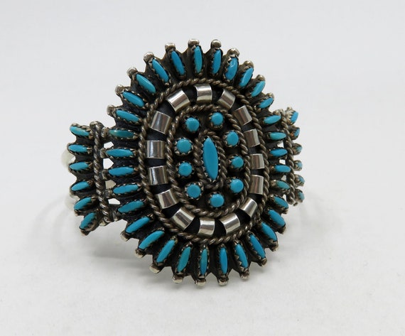 Vintage Sterling Silver Navajo Needlepoint Turquoise Bangle Cuff by the artisan Nathaniel and Rosemary Nez 26.2 grams