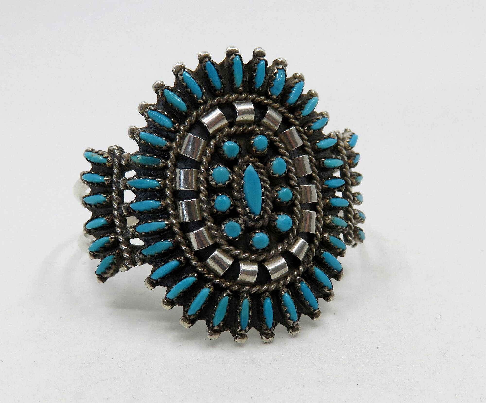 Vintage Sterling Silver Navajo Needlepoint Turquoise Bangle