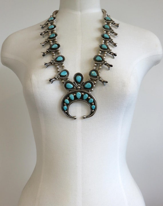 Vintage Sterling Silver Navajo Turquoise Squash Blossom Necklace 24" Length 186 grams