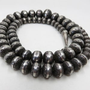 Vintage Huge Sterling Silver Navajo Stamped Old Pawn Cushion Bead Necklace 24&quot; length 73 grams