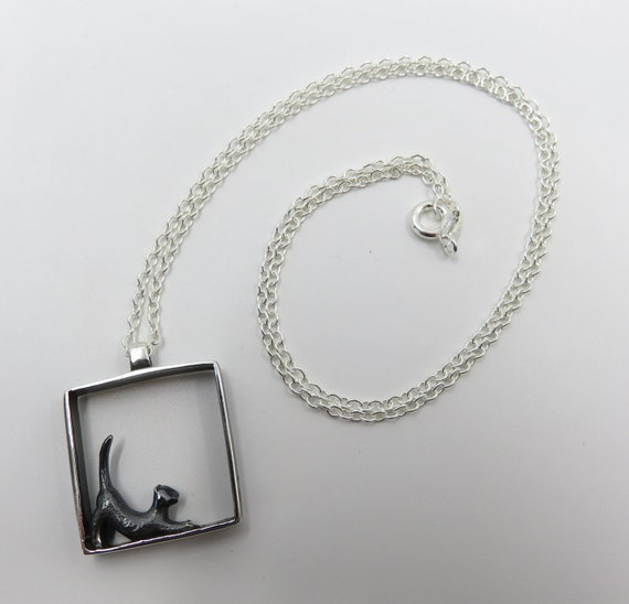 Solid Sterling Silver Cat Pendant Necklace by You Got The Silver Tuxedo Stretching Cat