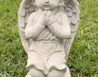 10” Boy Angel Statue – Concrete Memorial Angel – Praying Cherub Garden Statue – Cemetery Memorial Decor – Solid Concrete Angel
