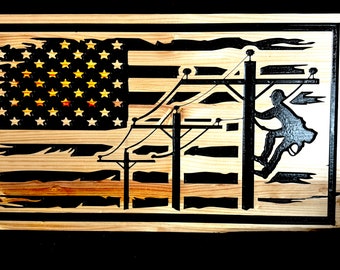 Lineman Wood Flag: Tattered American Flag, Man Cave Decor