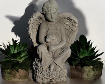 Boy Angel Holding Dog Statue, Garden Statue, Yard Statue, Angel Statue, Dog Memorial, Angel Figurine,Cement Statue, Angels, Home Decor Angel