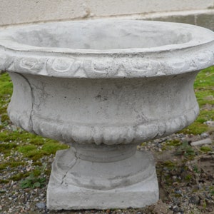 May include: A large, gray concrete planter with a decorative rim and a square base. The planter is sitting on a bed of moss and gravel.