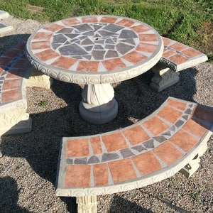 Concrete Mosaic Outdoor Dining Table Set: Concrete Patio Table with Benches for Picnic, Garden, and Pool Areas, Outdoor Entertaining