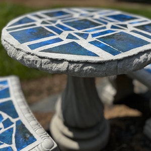 Concrete Patio Table Set: Aqua Tile Inlay, Outdoor Dining with Benches
