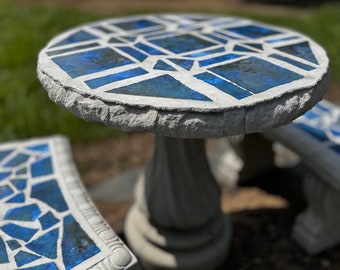 Concrete Patio Table Set: Aqua Tile Inlay, Outdoor Dining with Benches