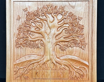 3D Tree of Life Plaque: CNC Machined Red Cherry Wood Family Wall Decor