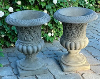 Pair Large Rosette Concrete Urns: Outdoor Patio Planters, Garden Urns, Entryway Pots, Home Decor