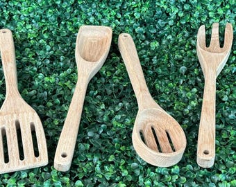 Handmade Hard Maple Wooden Utensil Set – 4-Piece Kitchen Tool Set | Slotted Spatula, Scoop, Ladle & Fork |