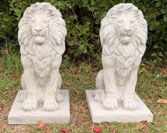 Set of 2 Majestic Concrete Lion Statues – 28” Tall Guardian Lions – Solid Concrete Entrance Statues – Outdoor Garden & Driveway Decor
