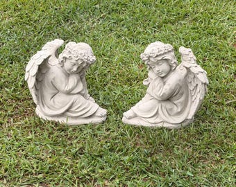 Pair of Concrete Memorial Angels – Left & Right Graveside Angel Statues – 10” Cemetery Angels – Solid Concrete Garden Memorial Decor