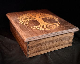 Handcrafted Black Walnut Keepsake Box with White Oak Tree of Life Inlay | Heirloom Bible Box | Custom Wooden Memory Box Handmade