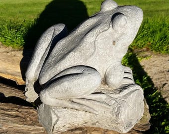 Cement Frog on Log Statue: Handmade Outdoor Patio Decor