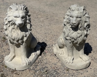 Set of 2 Elegant Concrete Lion Statues – 24” Tall Left and Right Lions – Solid Concrete Entrance Statues – Outdoor Garden & Driveway Decor