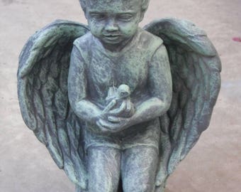 Stone Angel with Bird, Outdoor Angel Statue, Stone Angels, Stone Statue, Angel Home Decor, Cherub Statue, Cherub Figurines, Angel Figurine