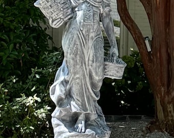Granite White Cement Lady Statue with Baskets - 66" Garden Statuary