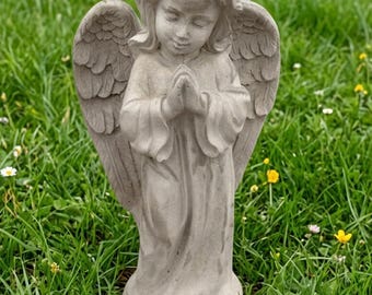 14” Standing Garland Angel Statue – Solid Concrete Praying Angel – Memorial Garden Angel – Cemetery Décor – Outdoor Angel Statue - Angelic