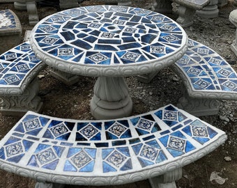 Concrete Patio Table Set: Aqua Blue Mosaic Tile, 42'' Round