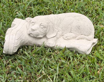Concrete Puppy on Boot Statue – 11” Garden Dog Statue – Solid Concrete Puppy Décor – Dog Lover Gift – Outdoor Garden Statue