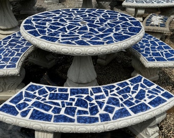 Concrete Patio Table Set: Aqua Blue Tile Inlay, 42" Round with Benches