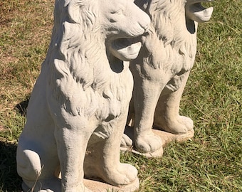 Set of 2 Large Concrete Lion Statues - 35" Tall Fang Lioins - Solid Concrete Entrance Statues - Outdoor Garden, Front Porch, Driveway Decor