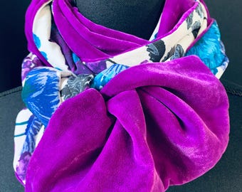 Silk velvet and pure silk double sided scarf in purple, blue and graphite greys with floral pattern.